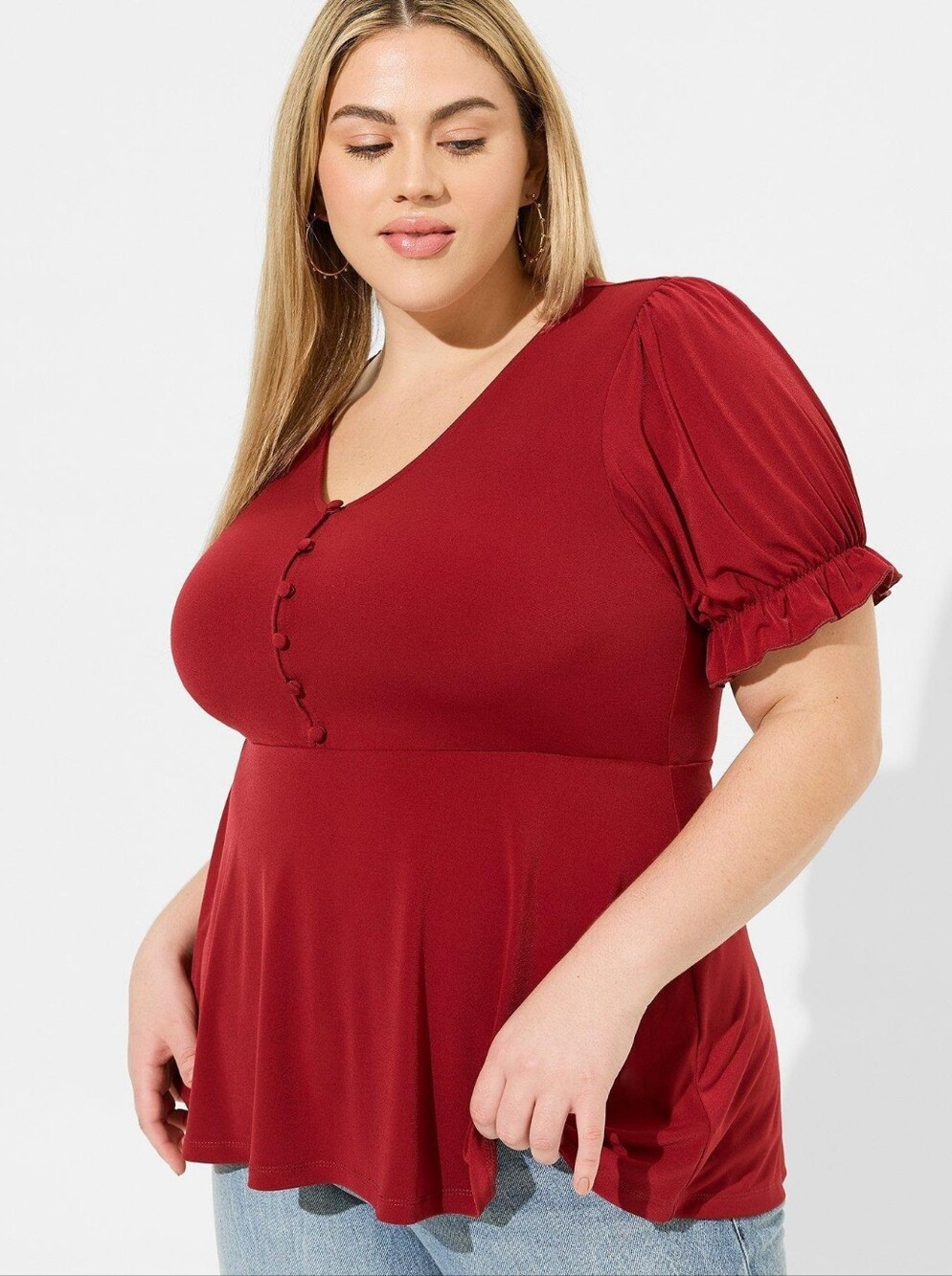 Torrid Studio Knit Front Button Puffsleeve Babydoll Top NWT